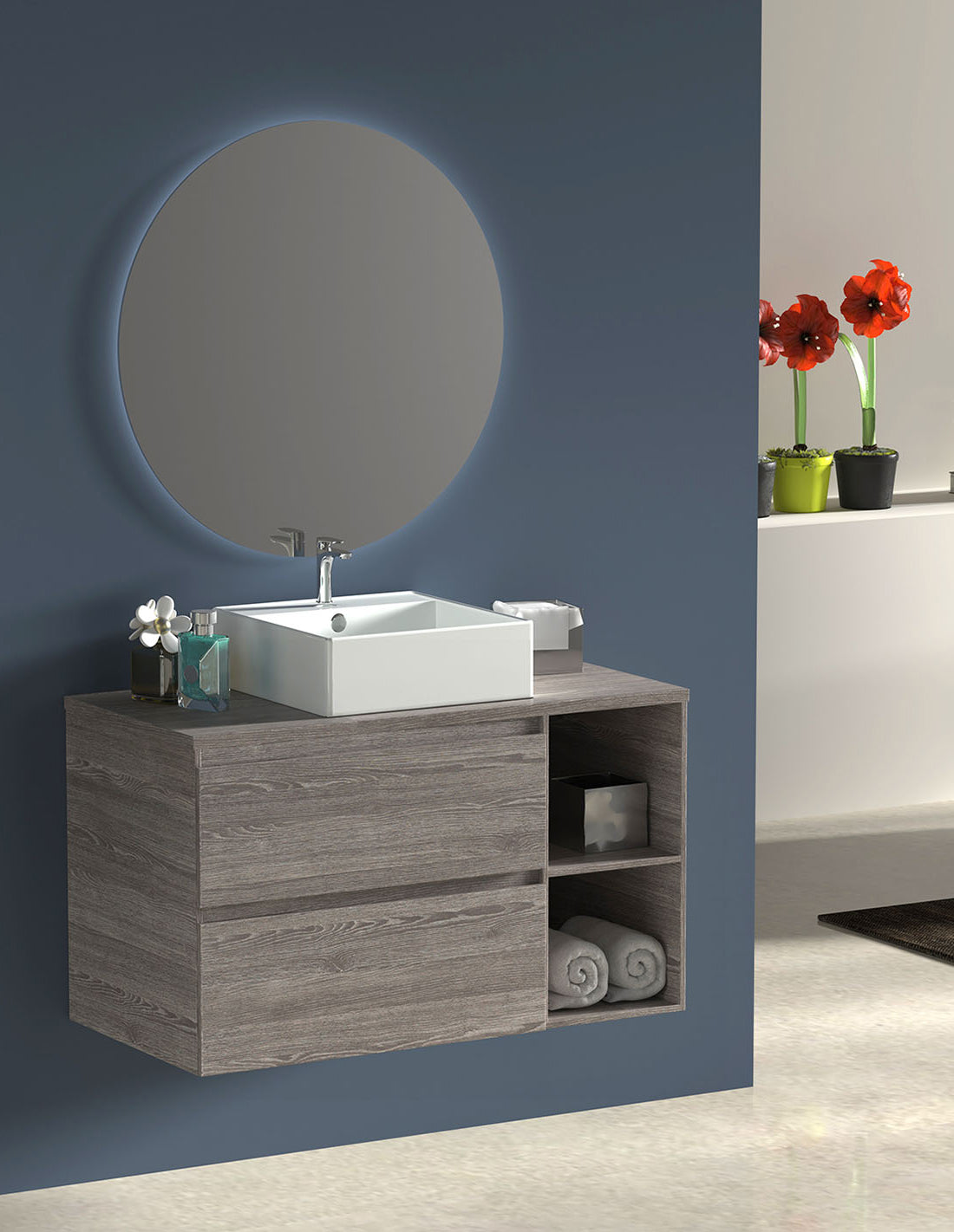 Mueble de baño ZEUS con encimera de madera y lavabo sobreencimera