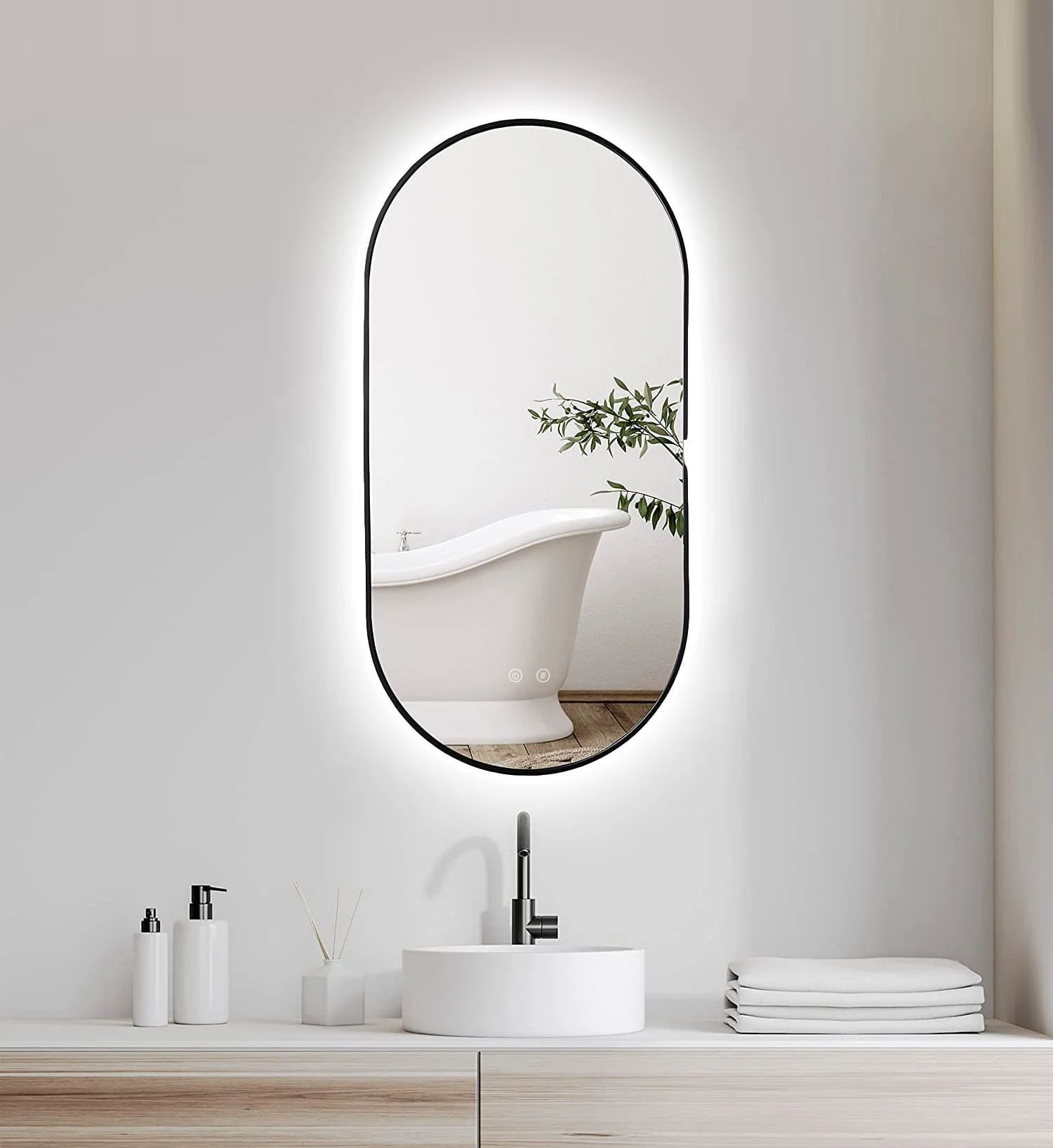 Espejo LED Selene Black – espejo de baño vertical con marco negro y retroiluminación LED