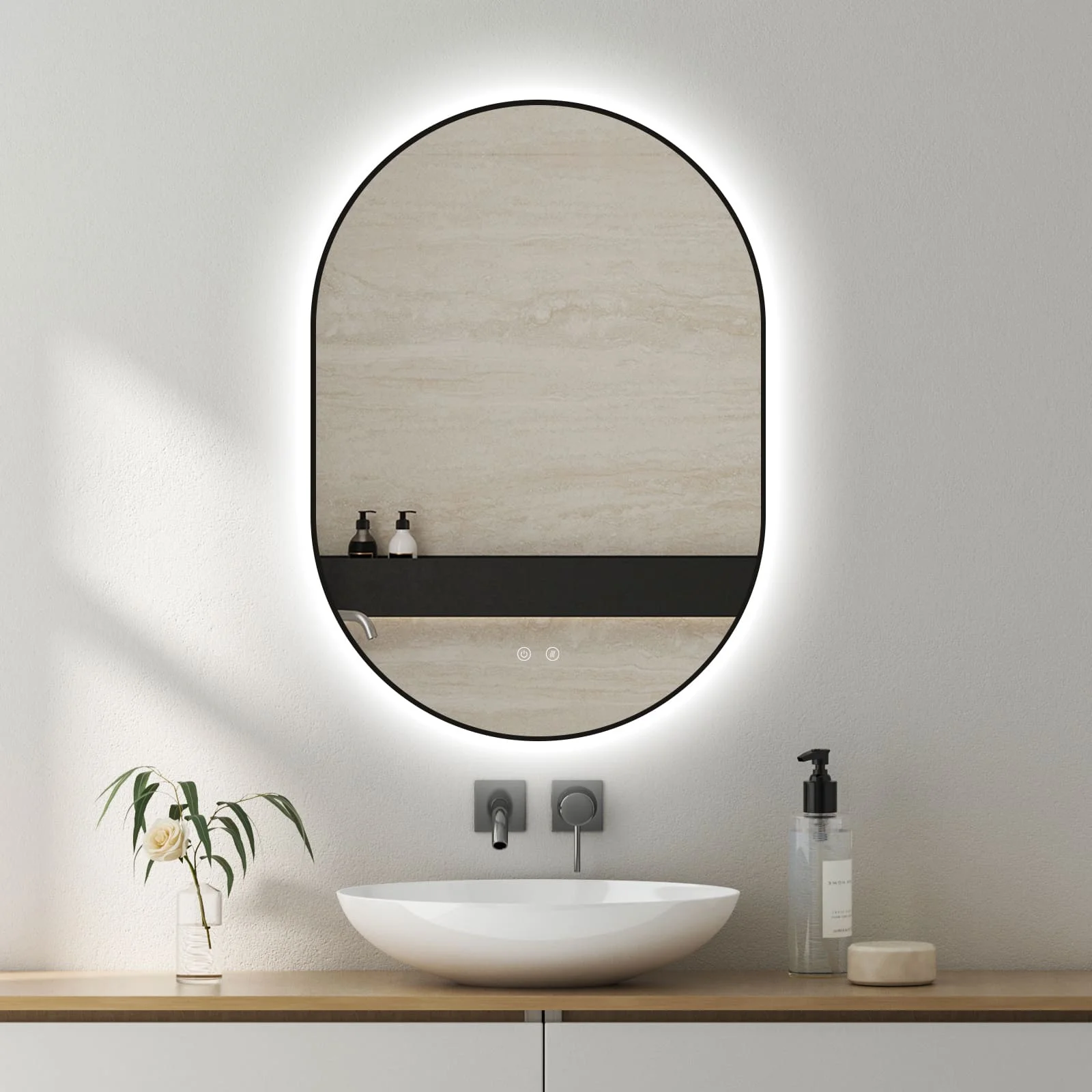 Espejo LED Selene Black – espejo de baño vertical con marco negro y retroiluminación LED (vista 2)