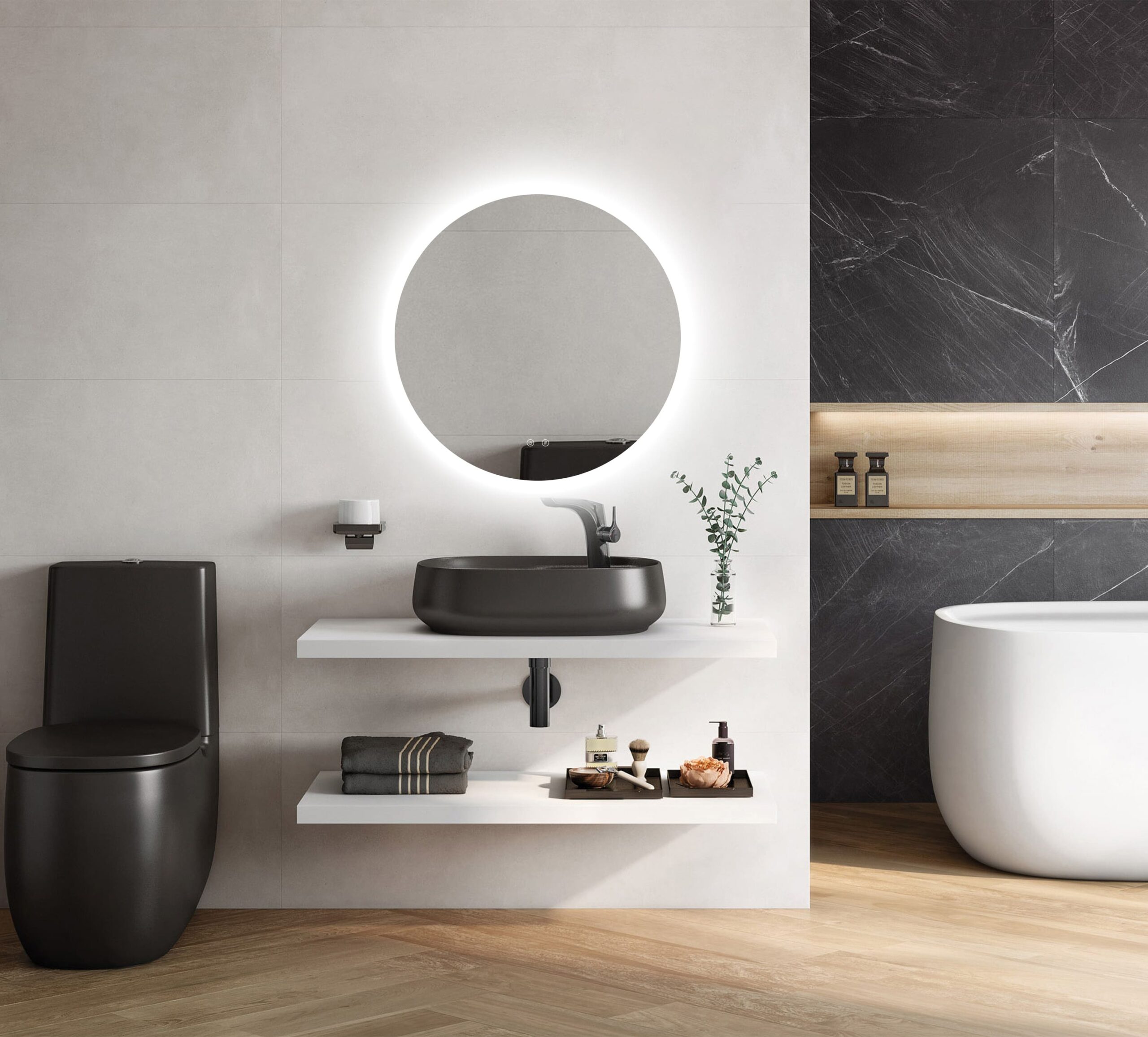Espejo LED redondo iludeko en baño de diseño