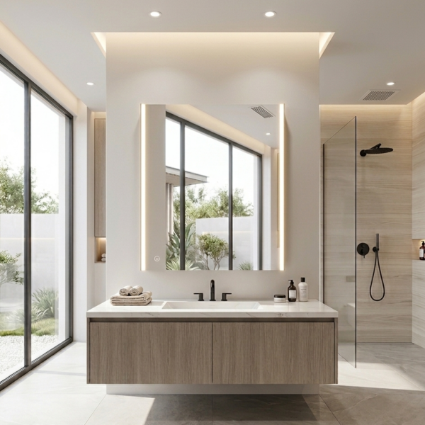 Espejo LED Megan con marco negro retroiluminado en baño moderno