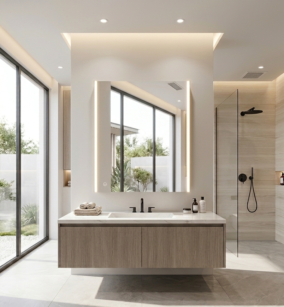 Espejo LED Megan de marco negro en baño